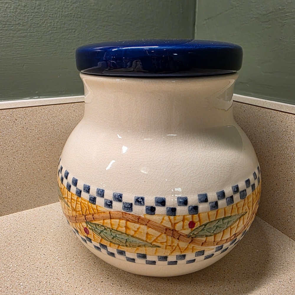 Ceramic Kitchen Canister 5.5" Cream Blue Tuscan Olive Leaf Checkered